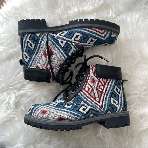 Weavers Alaska | Unisex Women’s Hiking Boots Blue Black Geometric Pattern Boho - Picture 2 of 9